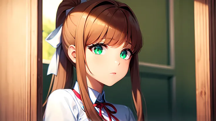 ddlcmonika, blunt bangs, brown hair, (green eyes:1.5), long hair, ponytail, ribbon, white ribbon, hair ribbon, sidelocks, , Monika looking through a sad window, calssroom, sad look