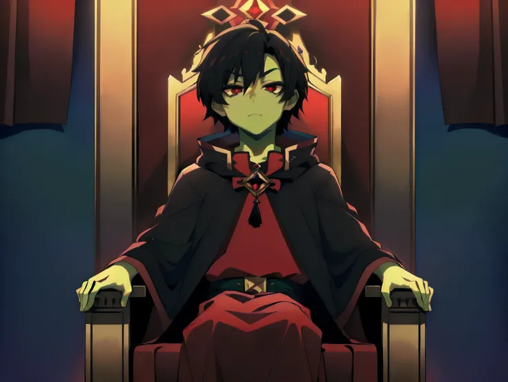 ((((green skin toon)))), (((1boy))), 17 years, (((short black hair))), (((red ligth eyes))), ((sitting cross-legged on a throne ...