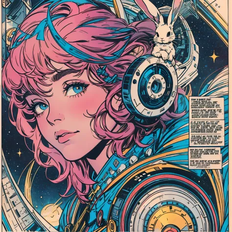 ultimate best quality,beautiful woman,speech bubble,big brest,galaxy,60s,70s,80s,colorful,cosmo,space,((rabbit)),