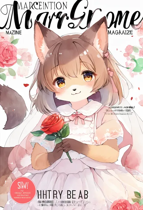 cover page, marriage information magazine, Watercolor elements, 1girl, kemono, furry, detailed body fur, animal face, animal hand, cute girl holding a red rose and looking at viewer,