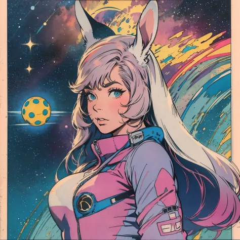 ultimate best quality,beautiful woman,speech bubble,big brest,galaxy,60s,70s,80s,colorful,cosmo,space,((rabbit)),