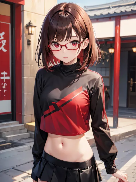 highest quality、Realistic、Women、Japanese、zoom、look up、cute、Red eyes、Straight Bob Hair、Light Brown Hair、Glasses、Black rider jacket、Red T-shirt.Black mini skirt、slender、Small breasts