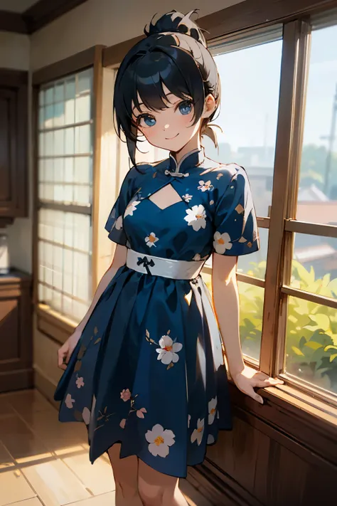 In the best quality、Teenage girl standing in a room。In high resolution、Beautiful details、Quiet atmosphere。Black hair ponytail、Cute Smile.。Wearing a cute floral blue dress。