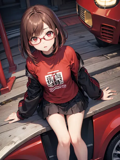 highest quality、Realistic、Women、Japanese、zoom、look up、cute、Red eyes、Straight Bob Hair、Light Brown Hair、Glasses、Black rider jacket、Red T-shirt.Black mini skirt、slender、Small breasts