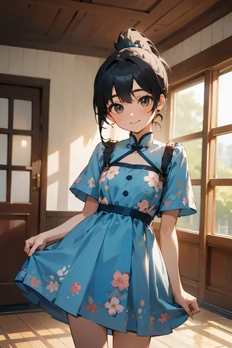 In the best quality、Teenage girl standing in a room。In high resolution、Beautiful details、Quiet atmosphere。Black hair ponytail、Cute Smile.。Wearing a cute floral blue dress。