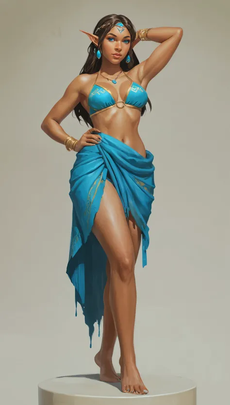 An illustrated movie poster, hand-drawn, full color, a teenage elven girl, wearing a sarong bikini, sun-tanned complexion, very tall, athletic body, hourglass figure, curvy, slightly chubby, bottom-heavy, generous hips, massive bubble-butt, long legs, ridi...