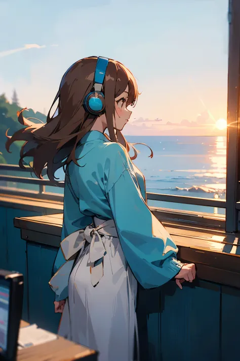 Anime style with an early 80s city pop culture vibe, Studio Ghibli vibe, cute!
A girl working on her pc at a cafe on a hill with a view of the ocean. She is wearing headphones and long-sleeved clothes. She is facing back. A pleasant breeze is blowing and h...