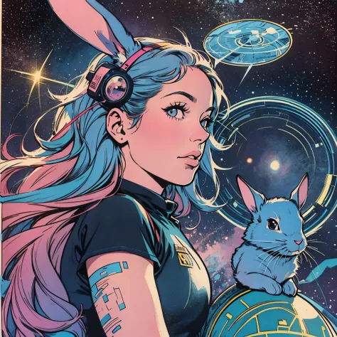 ultimate best quality,beautiful woman,speech bubble,big brest,galaxy,60s,70s,80s,colorful,cosmo,space,((rabbit)),