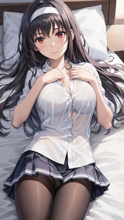 masterpiece, highest quality, One girl,,(lie on ones back:1.5), (18-year-old:1.4),lying,anime,Aesthetic Anime Eyes,Smile,alone, Long Hair, (Black Pantyhose), (Black Hair), Long Straight Hair,Red eyes,(Pleated skirt), large breasts,White hair band,White shi...