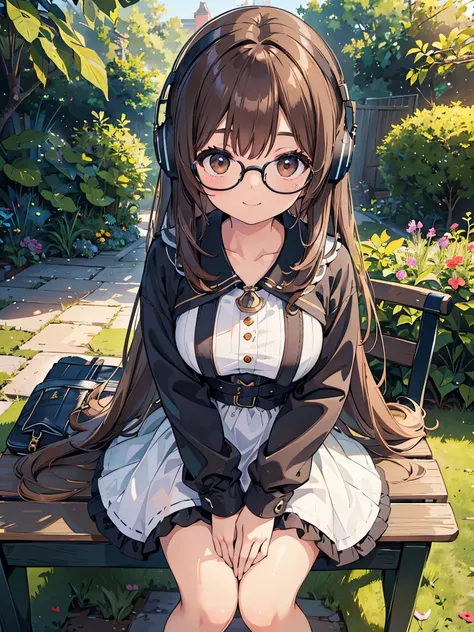 1 Female、Brown hair、Brown Eyes、Best Quality、Super detailed、8 Resolution、Raw photo、Mastepiece、Perfect Body、high resolution、highest quality、Detailed drawing、Vibrant colors、lure、smile、Long Hair、Black-rimmed glasses、Captivating breasts、Headphones、listen to mus...