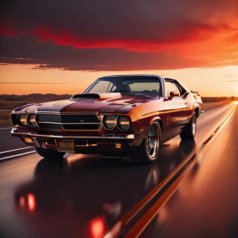 a arafed image of a muscle car driving on the highway, muscle car, classic cars, classic carss, best selection on adobe stock, s...