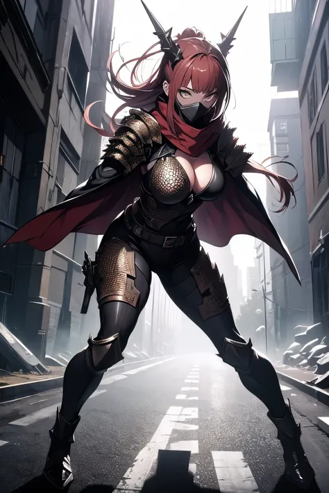 She was a young girl with 14 years old, she wore a scaly mostly black with red patterns half cloth and half metal armour that covered most of her body. Her equipment consisted of a red cloak and scarf covered that most of her face, a red ribbon used to tie...