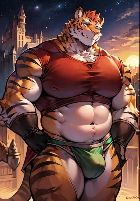 solo male, muscular body, ((fat pecs, massive pecs, bulging pecs, saggy pecs, round pecs)), tiger knight, standing under the stars, fantasy background with castle in the distance, facing viewer, head tilted to the side, beautiful sunset sky, wearing tunic,...