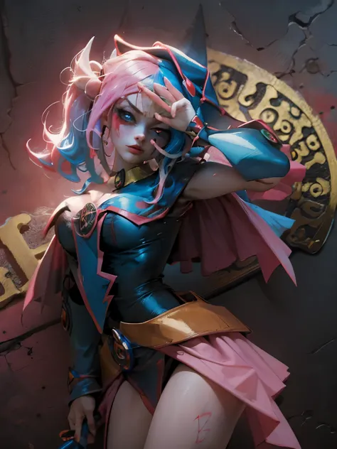 Maga oscura gils vestida de Harley Quinn. Tiene cabello rubio y negro. Ojos azules. Labios rojos. Dark magician gils is dressed as Harley Quinn. Pose sensual y inocente. Fondo de circo y magia.