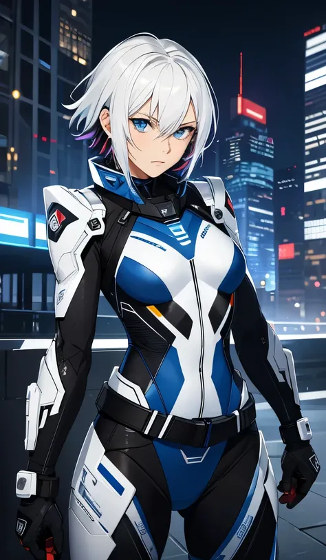 best qualityer，tmasterpiece，Ultimate resolution，downy，Extremely colorful，Colorful，Women combatants，a matural female，Short white hair，Dark blue eyes，Technology-enabled headsets，Tight combat suit，tightsuit，With a belt，Steel City background，the night，Normal p...