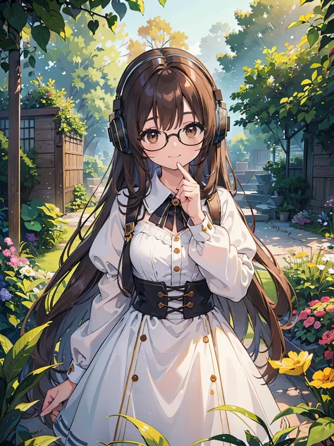 1 Female、Brown hair、Brown Eyes、Best Quality、Super detailed、8 Resolution、Raw photo、Mastepiece、Perfect Body、high resolution、highest quality、Detailed drawing、Vibrant colors、lure、smile、Long Hair、Black-rimmed glasses、Captivating breasts、Headphones、listen to mus...