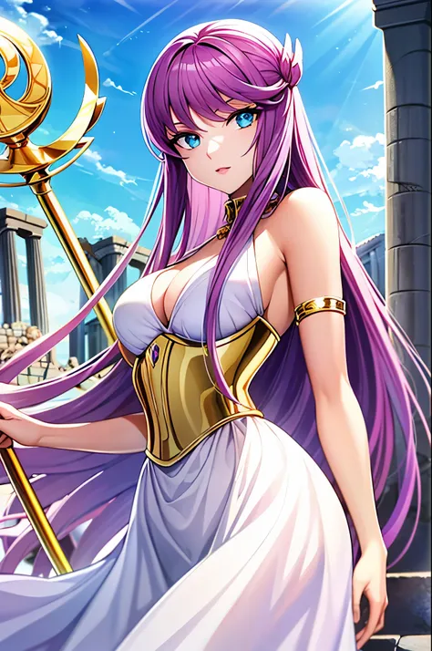 perfect eyes:1.2, detailed eyes:1.4, kido_saori, standing, greek ruins, large_breasts, saori_sleeveless_white_dress, saori_accessories, golden corset, staff_Nikke, detailed face, detailed eyes, highres, 1girl, solo, (masterpiece:1.6, best quality),
