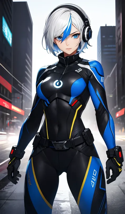 best qualityer，tmasterpiece，Ultimate resolution，downy，Extremely colorful，Colorful，Women combatants，a matural female，Short white hair，Dark blue eyes，Technology-enabled headsets，Tight combat suit，tightsuit，With a belt，Steel City background，the night，Normal p...