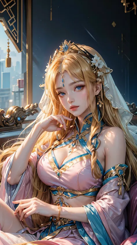 Best quality, masterpiece, ultra high res, raw photo, beautiful and aesthetic,deep shadow, dark theme,(photorealistic:1.4),
1girl, smile, chinese_clothes, sitting, in white and pink,cyberhanfu, Cheongsam, cyberpunk city, on sofa, Headdress, hair ornament, ...