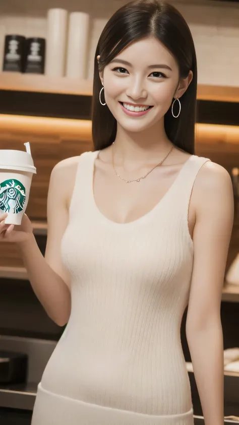 Hostess&#39;s face、Married women、Married Woman、Beauty、White sleeveless knit dress、high quality、Super Ultra Realistic、healthy、smile、Perfect figure、Japanese Beauty、 necklace、Earrings、Perfect eyes, beautiful skin、looking at the camera、Starbucks store