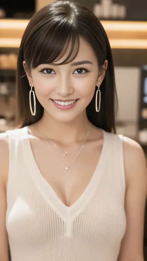 Hostess&#39;s face、Married women、Married Woman、Beauty、White sleeveless knit dress、high quality、Super Ultra Realistic、healthy、smile、Perfect figure、Japanese Beauty、 necklace、Earrings、Perfect eyes, beautiful skin、looking at the camera、Starbucks store