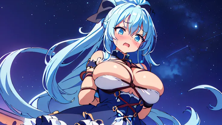 (focus breasts,from front),(1 girl,dropping eyes,embarrassed,blush,arms behind back,open mouth),(gigantic breasts:1.5),(long ponytail hair,light blue hair,waved hair,clothed,black frilled dress,rope bound her body,rope bound her breasts),dutch angle,close ...