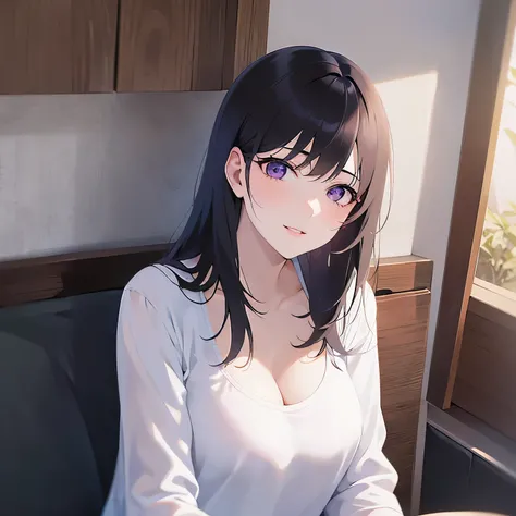 Cleavage, side angle, Upper Body, Realistic, real person, (pale skin: 1.2), shiny skin, shiny hair、(A 25-year-old woman with straight hair and bangs) and (medium hair) and (black hair) and (purple eyes) , (white) and (T-shirt) 、smile, The background is the...