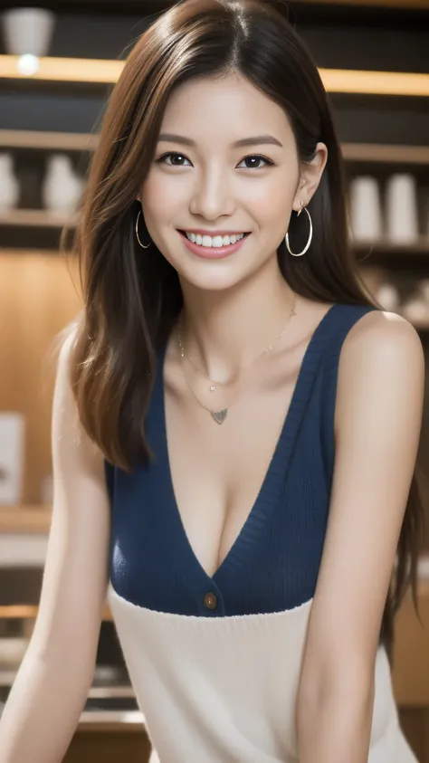 Hostess&#39;s face、Married women、Married Woman、Beauty、White sleeveless knit dress、high quality、Super Ultra Realistic、healthy、smile、Perfect figure、Japanese Beauty、 necklace、Earrings、Perfect eyes, beautiful skin、looking at the camera、Starbucks store