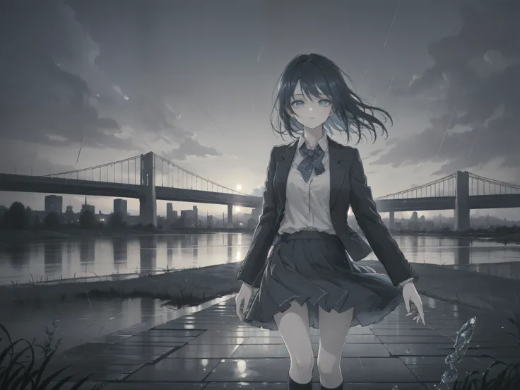 P Blue, scenery,  landscape, (masterpiece,最high quality:1.4), Blue Theme, city, evening, One girl(high quality, Breathtaking),(Delicate eyes, Perfect Face), rain,Cowboy Shot,Black long sleeve blazer,Black pleated skirt、Knee-high socks、loafers