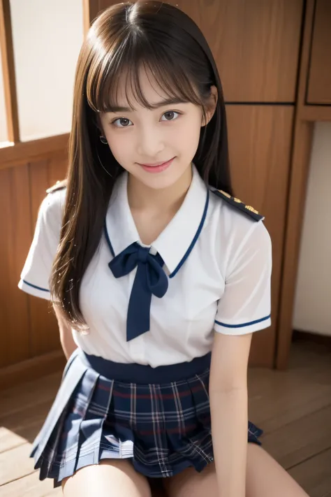 (((Attention to details,Attention to detail、masterpiece,Attention to detail))),Arab asian woman in uniform, Realistic Young Gravure Idol, Surreal school girl, japanese , Japanese girls uniform, Checkered pleated skirt、Surreal school girl,Young and cute gra...