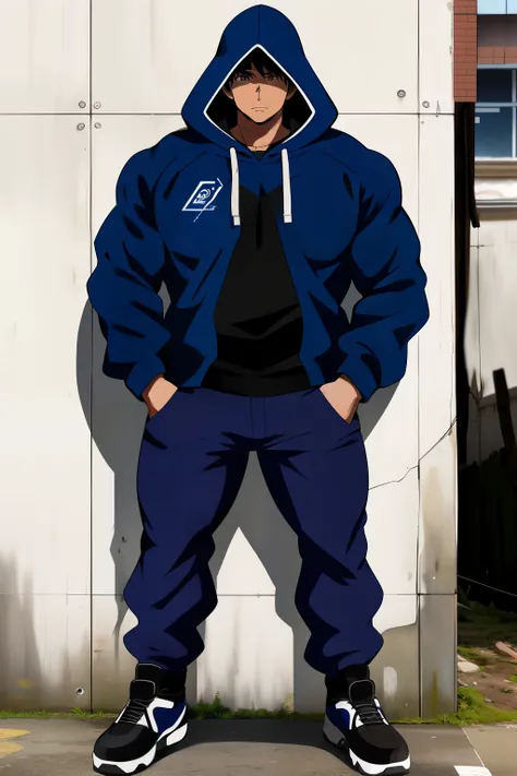 ((arte estilo anime)), imagem superior, angulo de cima para baixo, personagem masculino extremamente musculoso, corpo de bodybuilder, wearing a long-sleeved blouse with a hood covering the head, Character is leaning against a wall with his hands in his poc...