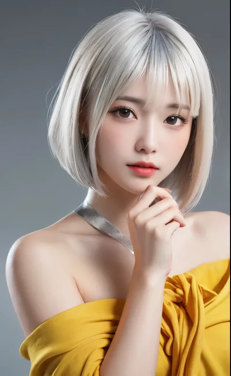 Tabletop, highest quality, figure, Very detailed, In detail, High resolution, 8k wallpaper, (Short bob cut with silver hair:1.6)、Perfect dynamic composition, Face without makeup, Transparent muscle, Beautiful fine details, Naked in the yellow cloth, Sexy F...