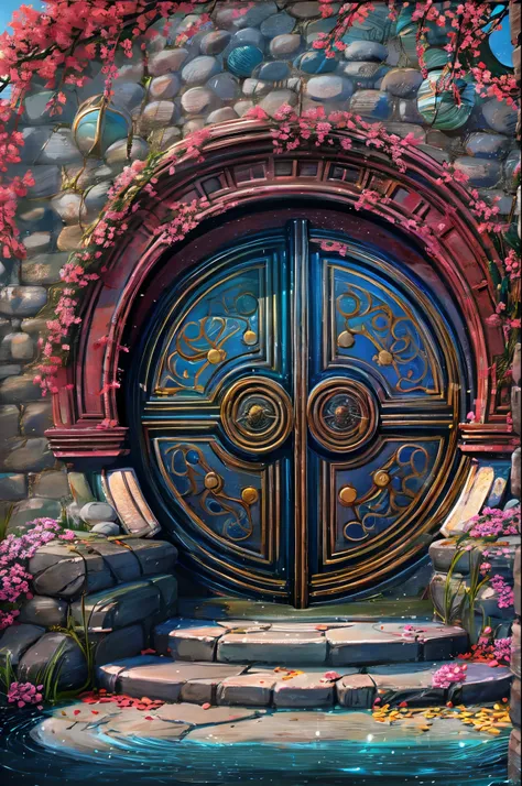 masterpiece, best quality, 8k, round stone door with entrance runes, at the bottom of the lake