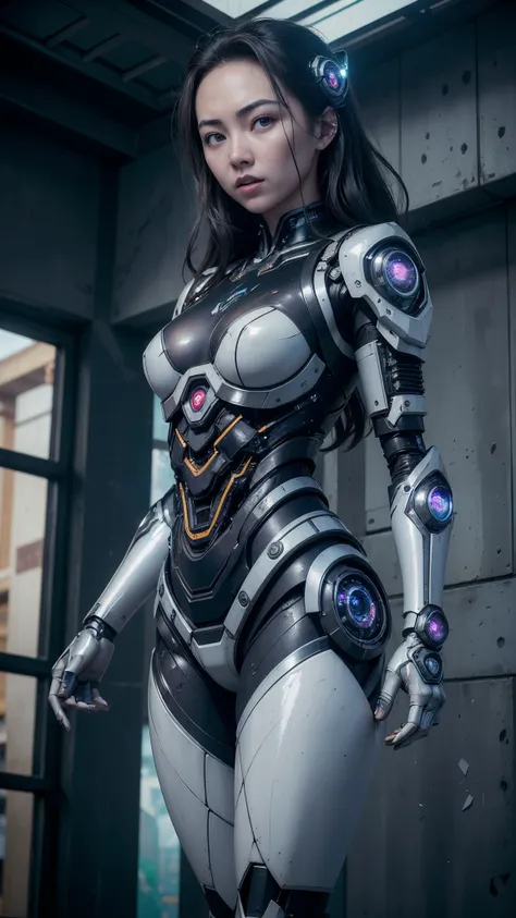 (((jessica henwick con una armadura futurista de asesino ninja cyberpunk, shiny robotic ninja armor )), (dynamic pose), (obra ma...