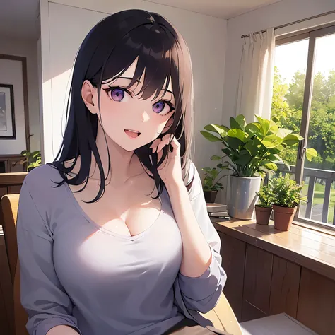 Cleavage, side angle, Upper Body, Realistic, real person, (pale skin: 1.2), shiny skin, shiny hair、(A 25-year-old woman with straight hair and bangs) and (medium hair) and (black hair) and (purple eyes) , (white) and (T-shirt) 、smile, open mouth, The backg...