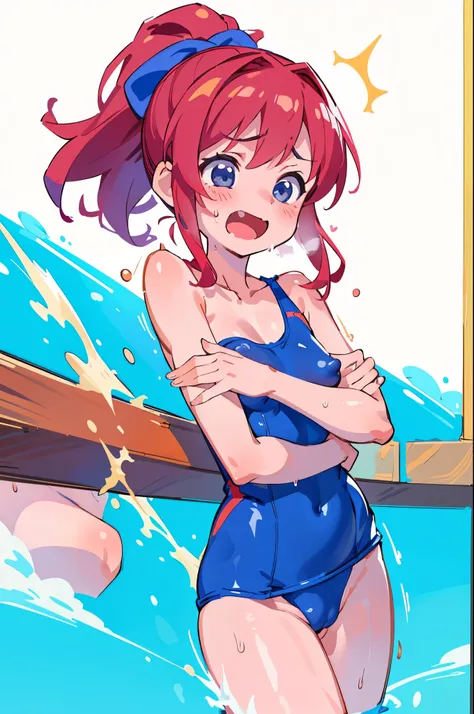 masterpiece, highest quality, The cutest girl in the world、Cheeky brat、８age、Small breasts、ponytail、Crimson hair、、Navy blue school swimsuit、Ecstatic expression、Leaning posture、Serve your master、Office、Sweating、Topless、Pushed down posture、Spurting body fluid...