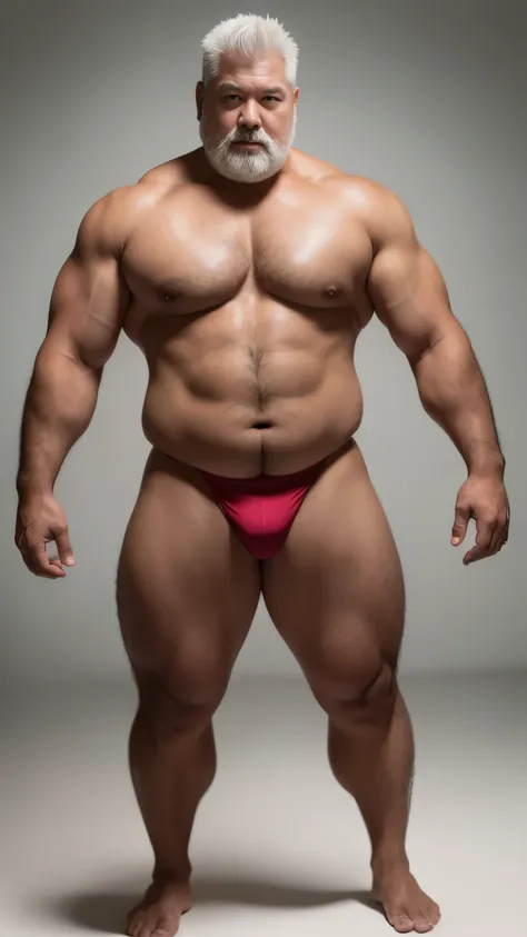 white hair, old man, individual, male, Muscular wrestler, muscular, Stout wrestler, Asian, Japanese, uncle, 55 year old middle-aged man, short hair, short hair, red wrestling boots, full body portrait, shadow, Vision, red briefs, obesity, 45 years old, sho...