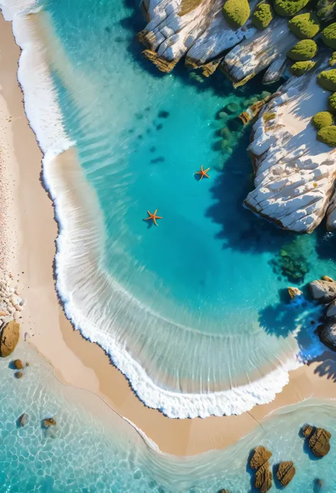 Overhead shot，Bird&#39;s eye view，Beautiful scenery，Côte dAzur，Clear water，Waves，Many small blue stones on the golden beach，Beautiful shells，A cute little crab，Aesthetic，HD Wallpapers