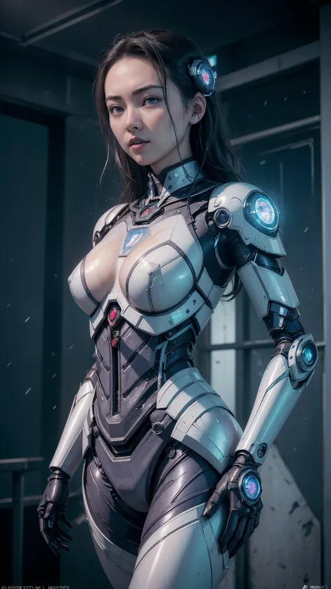 (((Jessica Henwick con una armadura futurista de asesino ninja cyberpunk, shiny robotic ninja armor )), (dynamic pose), (Obra maestra),(cabello white canoso:1.4), (hyper realista:1.4), (realista:1.3), (Piel de textura real de la mejor calidad.),,(Fondo de ...