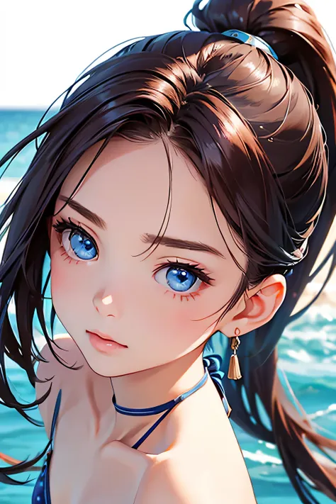 highest quality、Realistic、Women、Japanese、zoom、look up、cute、Ocean、Cobalt Blue Eyes、Chestnut Hair、ponytail、Swimwear、Face close-up、slender、Small breasts