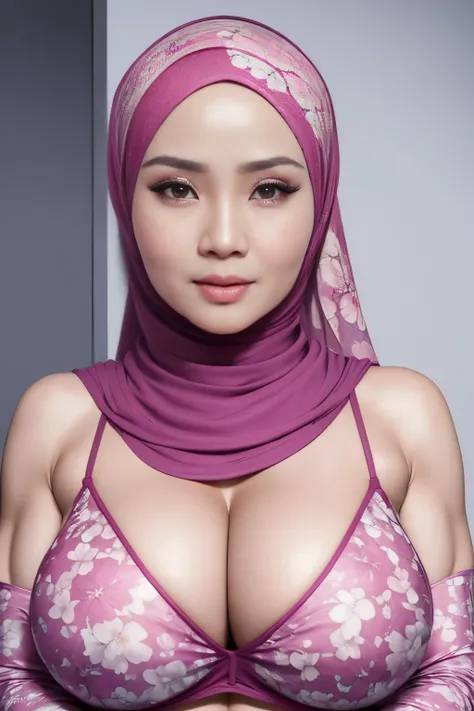 ((SHORT HIJAB)), ((Gigantic tits:1.4)), (dynamic photograph of a 58 year old Indonesian woman), (slim top, cotton panties), (straight non curly hair), (highly detailed face:1.4), (vascular muscles and abs:1.3), (background inside light, bright, private gym...