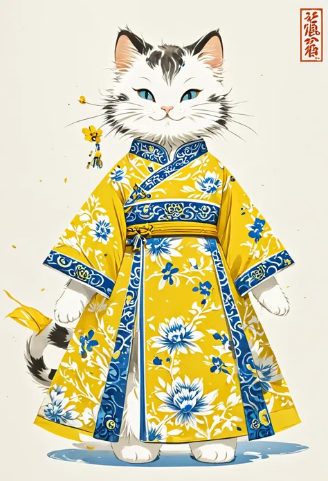 new chinese style,flower,cat,potala palace,furry, yellow flower,chinese clothes,dress,solo,whiskers,slit pupils,floral print,ani...