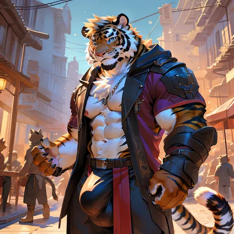 ((solo)), by Pino Daeni, by Ruan Jia, by Shiitakemeshi, by Alayna Lemmer, by Carlo Galli Bibiena, dynamic  portrait of  a handsome ((male anthro furry Bengal tiger)) in an fantasy city. Full body. Biceps, muscular, broad shoulders, thick thighs, large pecs...