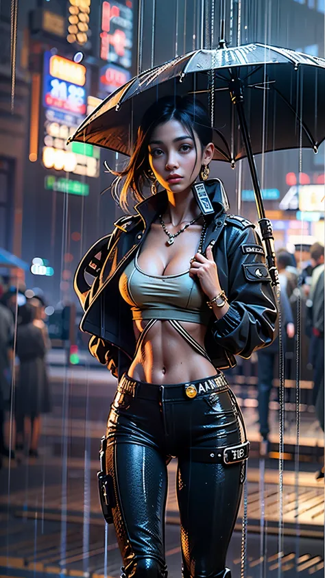 (Realistic:1.3, 16k, highest quality, masterpiece, Ultra-high resolution), ((rain, From below)), Perfect dynamic composition:1.2, (Modern futuristic city at night, Expressions of sadness:0.5, motorcycleを運転する:0.5), Highly detailed skin and facial textures:1...