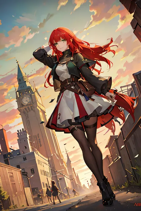 8k wallpaper, masterpiece, movie lighting, medieval setting, beautiful female rogue with red hair and greenish eyes walking on a...