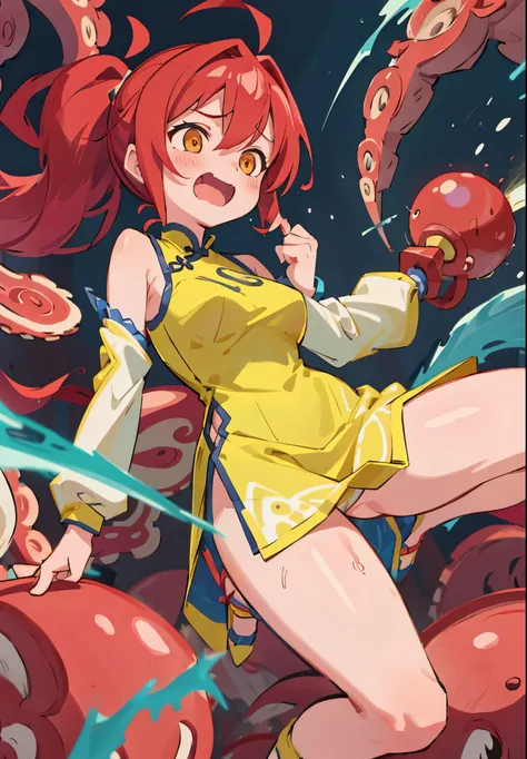 masterpiece, highest quality,  Poor breasts、crimson hair、ponytail、Glowing yellow eyes、Bangs between the eyes、Ahoge, China dress,slender legs、8-year-old、Ecstatic expression、explosion、The girl fills her perineum with tentacles、I love hold、Spurting body fluid...