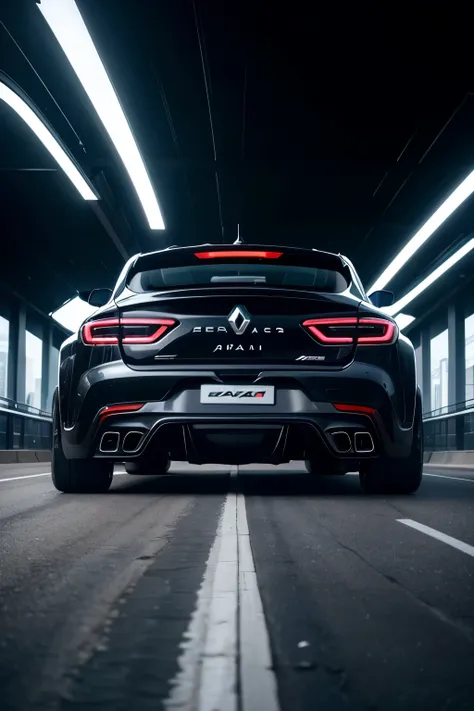 RAW, Best quality, high resolution, Masterpiece: 1.3), Stunning Renault Logan of the year 2023, color Negro, with a sleek rear spoiler, Low-profile sporty rims (llantas deportivas), LED white lights (luces led blancas), Hyperrealistic, Extremely defined de...