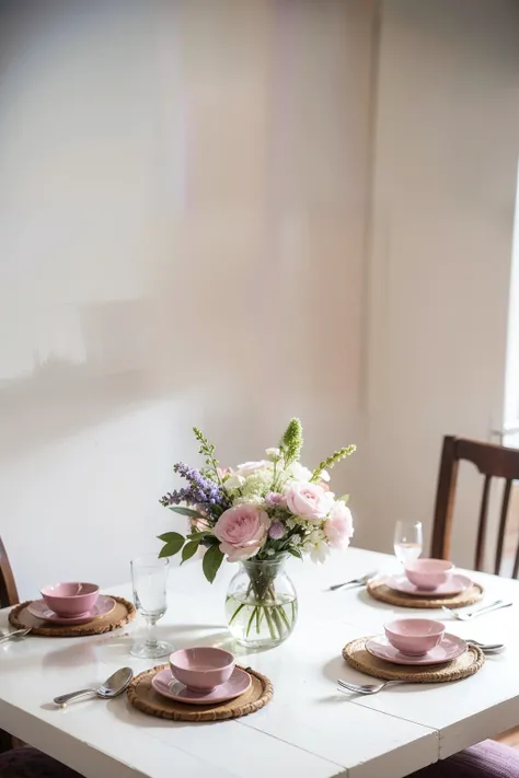 European and American minimalist style，Dining table scene，overall white tone，With pink and purple decoration，Clean background，Don&#39;t decorate too much