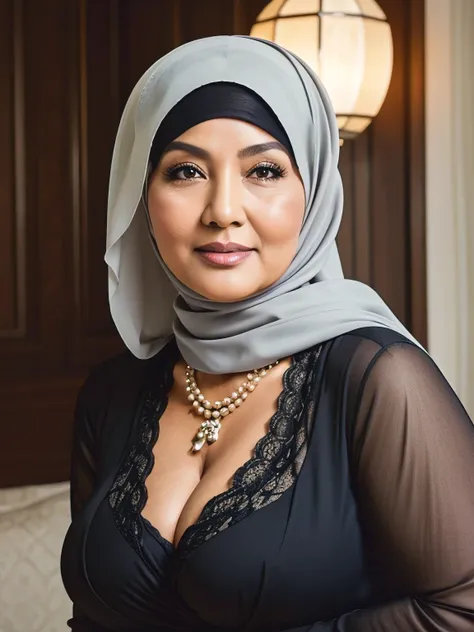 (realistic) ((hijab)) (real mature face) 68 years old fat brunei mature woman, sexy curvy, (sexy chubby body shape), big  : 34.9...