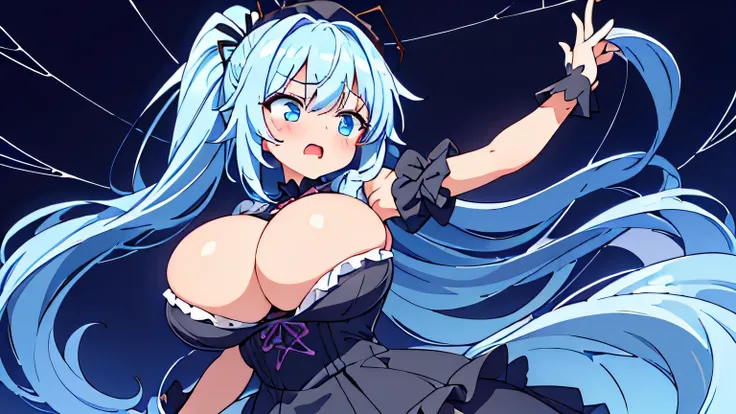 (upper body,focus breasts,from front),(1 girl,dropping eyes,embarrassed,blush,open arms,open mouth),(gigantic breasts:1.5),(long ponytail hair,light blue hair,waved hair,clothed,black frilled dress,she is getting caught thick spidersweb,thick spiders threa...